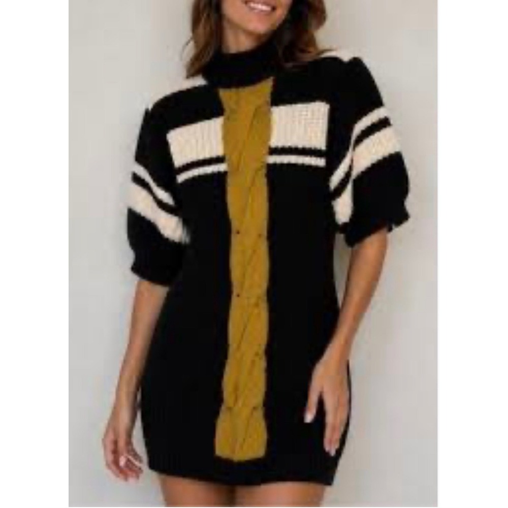 Free People Colorblock Cable Knit Mini Sweater Dress Mock Neck Puff Sleeve L